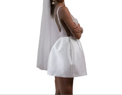 White Backless Sheer Mini Dress  A-Line Embellished Banquet Party Outfit