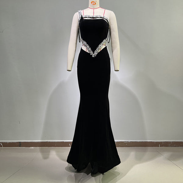 Women's Rhinestone One Shoulder Sheer Cut-Out Maxi Dress Elegant Illusion Design for Special Occasions