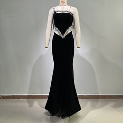 Women's Rhinestone One Shoulder Sheer Cut-Out Maxi Dress Elegant Illusion Design for Special Occasions