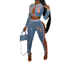 Blue Women's Sequin Long Sleeve Shirt & Lace-Up Pencil Pant Set Stylish Fashion Outfit for Parties & Night Out or Super Bowl Outfit