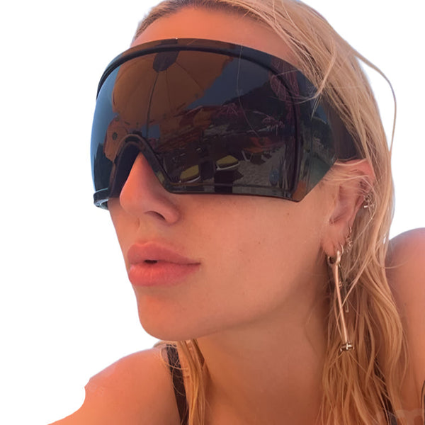 Black Women's Designer Style Oversized Mask Sunglasses Shield Frame UV Protection
