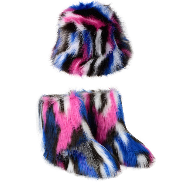 Women's Warm Plush Boots & Colorful Fur Bucket Hat Set – Cozy Winter Footwear & Hat Combo