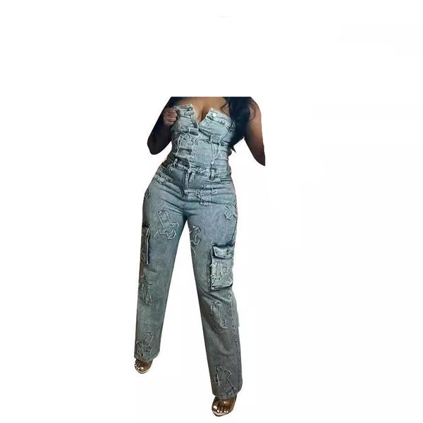 Women’s Retro Denim Jumpsuit – Stonewashed, Sleeveless, Straight-Leg Pants