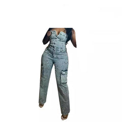 Women’s Retro Denim Jumpsuit – Stonewashed, Sleeveless, Straight-Leg Pants
