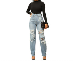 Women’s Washed High Waisted Ripped Jeans Straight Leg Premium Fit