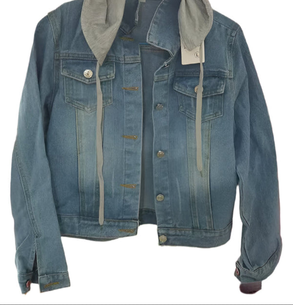 Women's Hooded Media Denim Jacket Stylish & Functional Outerwear