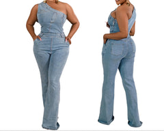 Light Blue Trendy Slant Shoulder Denim Tight Waist, Slim Fit Jumpsuit