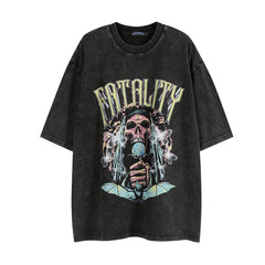 Gray  Washed Vintage Graphic T-Shirt - Short Sleeve Retro Style