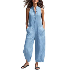 Blue Women's Wide Leg Cropped Pants Loose Waist Sleeveless Jumpsuit