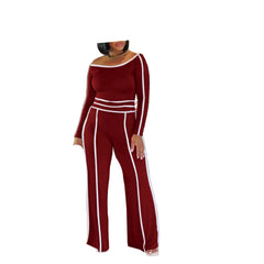 Red Plus Size Chic 2-Piece Set for Women – Long Sleeve Blouse & Wide-Leg High-Waist Pants