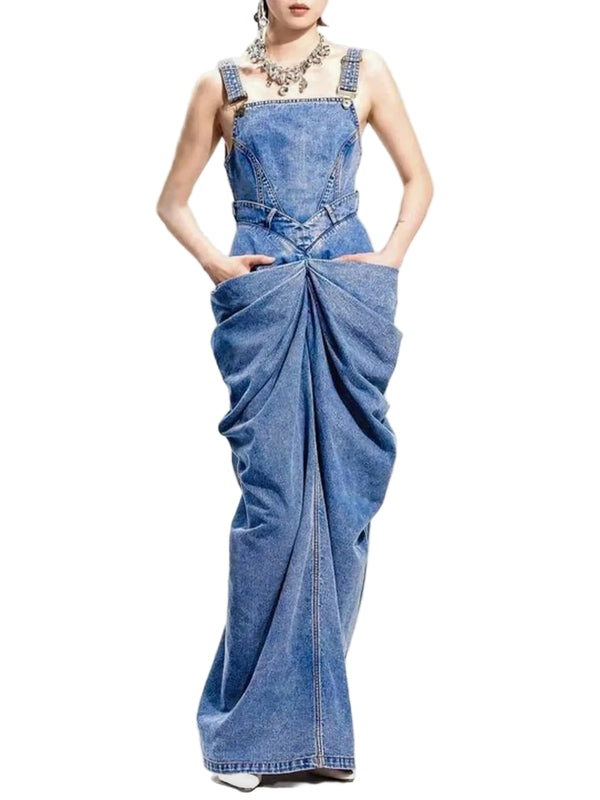 Blue Women’s Denim Maxi Dress with Corset Waist & Ruched Asymmetrical Design