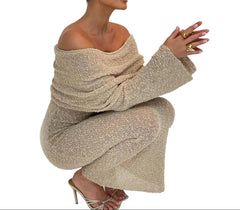 Women’s One-Shoulder Long Sleeve Sweater Maxi Dress