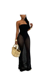 Black Resort-Style Hollow-Out Women's Knitted Dress Elegant Beach Vacation Cover-Up