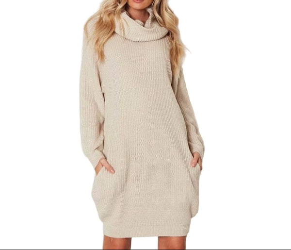 Khaki Plus Size Women's Oversized Cowl Neck Sweater Dress -Cozy Knit Pullover