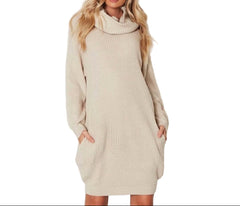 Khaki Plus Size Women's Oversized Cowl Neck Sweater Dress -Cozy Knit Pullover