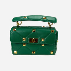 Green Luxe Glam Diamond Quilted Convertible Satchel Studded Shoulder Bag for Women