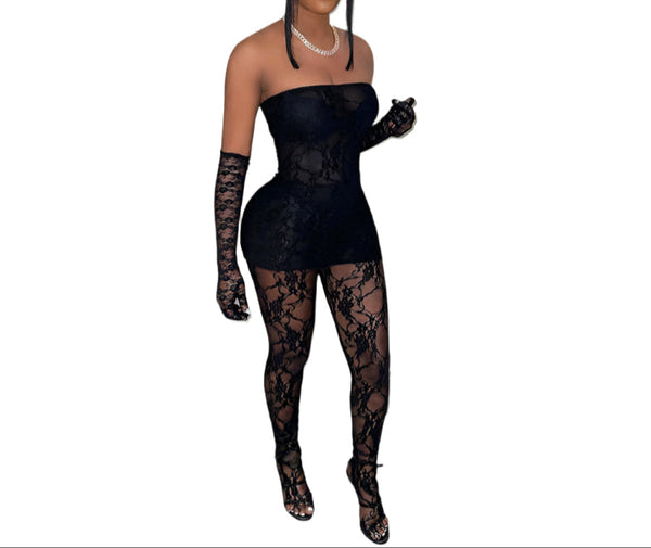 Black Chic Women's Sleeveless Lace Tank Top Dress & Leggings Set