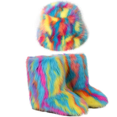 Women's Warm Plush Boots & Colorful Fur Bucket Hat Set – Cozy Winter Footwear & Hat Combo