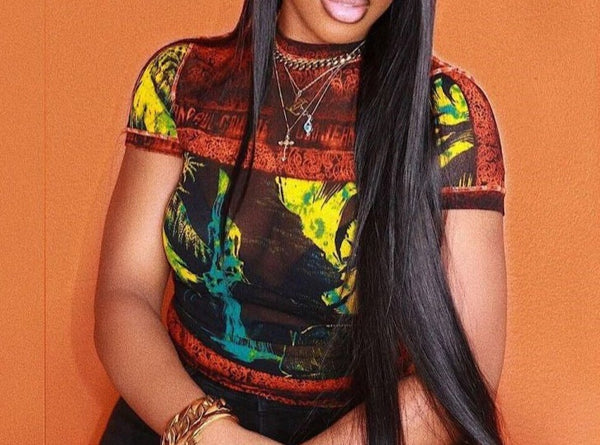 Unleash Your Style with Digital Prints: Round Neck Mesh Top, Perfect for Street Fashionistas