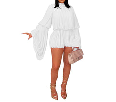 Vacation White Pleated Long Sleeve Romper Women’s Chic Style