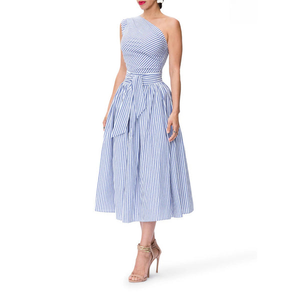 Women's Blue & White One Shoulder Striped Midi Dress with Pockets Summer Bodycon Style