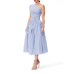 Women's Blue & White One Shoulder Striped Midi Dress with Pockets Summer Bodycon Style