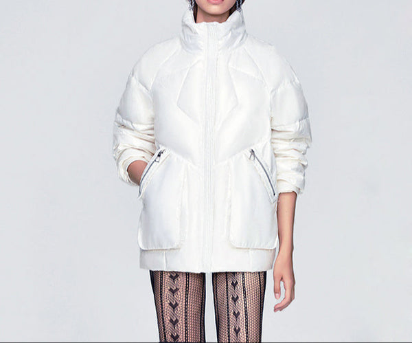 White Women's Down Puffer Coat  Stand Collar & Multi-Pocket Winter Jacket