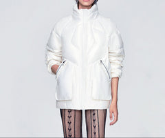 White Women's Down Puffer Coat  Stand Collar & Multi-Pocket Winter Jacket