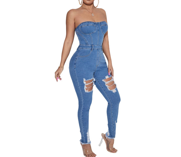 Fashion Forward: Women's Distressed Denim Jumpsuit with Tube Top Design Shop Now!