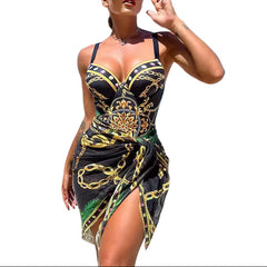 Black Women's One Piece Two Piece Bikini Set  Printed Slim Fashion Swimsuit Blouse Style