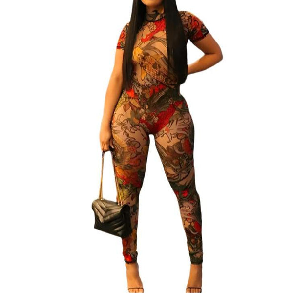 Women's Stylish Printed Sheer Mesh Backless Jumpsuit  Perfect for Nights Out