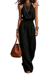 Black Plus Size Women's Halter Neck Jumpsuit Wide Leg Pants Elegant Sleeveless One-Piece Outfit