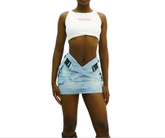 Light Blue Women's Pleated Denim Skirt V-Waist Workwear Style with Buckle & Pockets