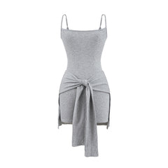 Gray Women's Tie Knot Skort Romper Sleeveless Faux Wrap Belted Summer Jumpsuit