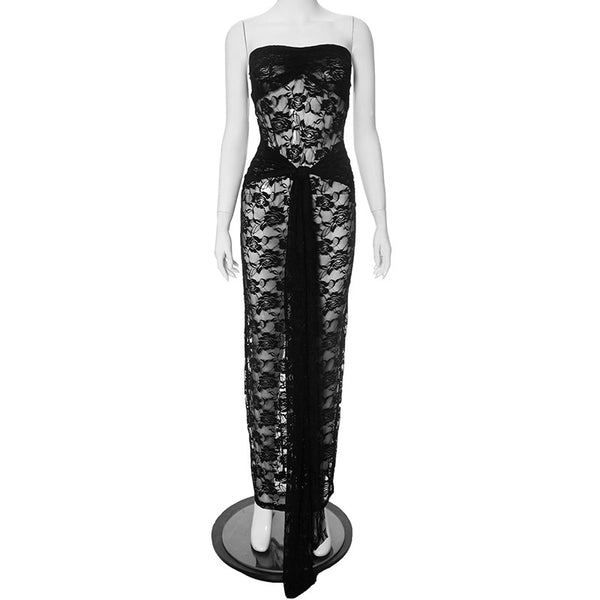 Elegant Backless Sheer Lace Maxi Dress Long Formal Evening Gown