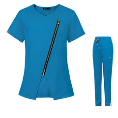 Blue Sydney Spring Women's Medical Scrub Set - Short Sleeve Zipper Top & Nurse Pant, Comfortable & Stylish for Healthcare Professionals
