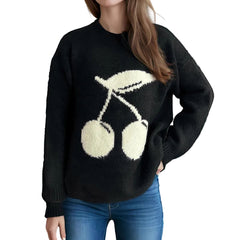 Women’s Airy Soft Jacquard Crewneck Sweater – Cherry Design