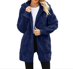 Blue Women’s Plus Size Plaid Hooded Cardigan Cozy Fall Sweater with Pockets