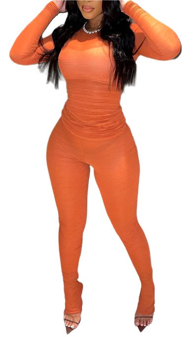 Women's Orange Casual Sophistique Round Neck Two Piece Pant Set