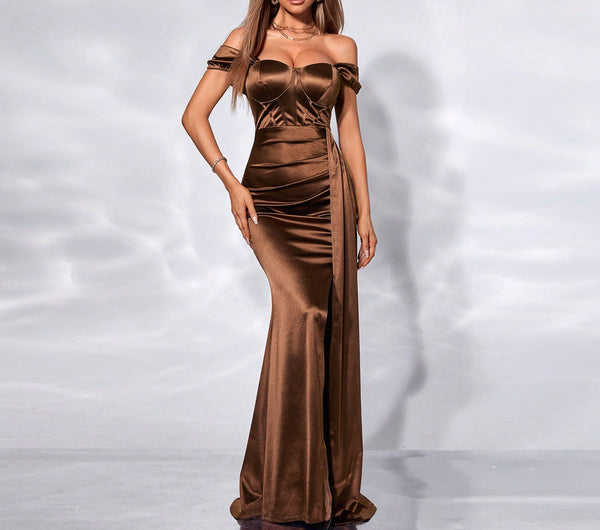 Women's Brown Regal Ribbons Chest High Ball Gown/Dress