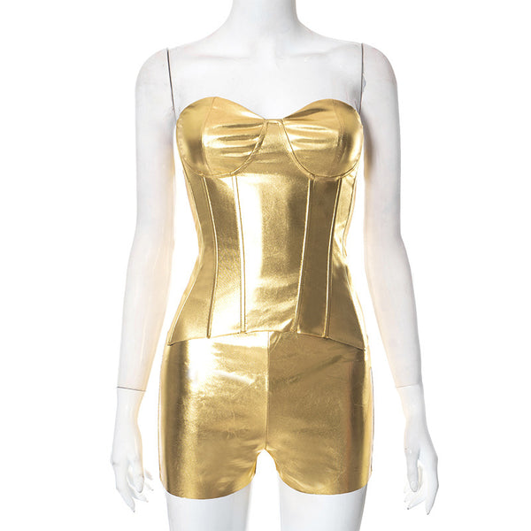 Sculpt Your Style Faux Leather Metallic Tube Top & Shorts Set