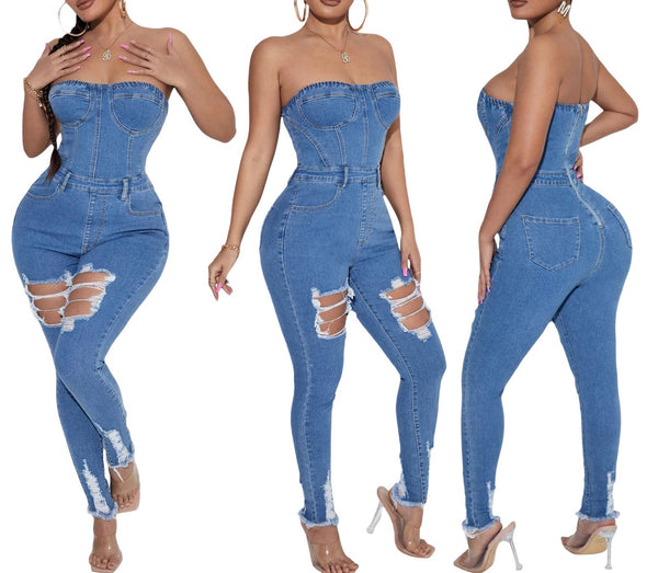 Fashion Forward: Women's Distressed Denim Jumpsuit with Tube Top Design