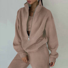 Khaki Women’s Velour Tracksuit Set –2 Piece Half-Zip Pullover & Cargo Pants Lounge Outfit