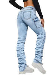 Women’s Light Wash Distressed Cargo Stacked Jeans