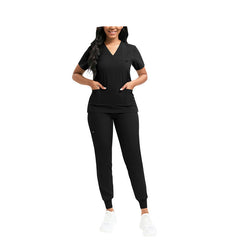 Black Plus Size Contour Women's, Multi-Pocket, V-Neck, Scrub Top, Pants, Set 