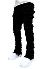 Black  Men's Stretch Patch Denim Straight Leg Pants Comfortable Jeans with Unique Design