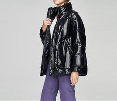 Black Women's Down Puffer Coat  Stand Collar & Multi-Pocket Winter Jacket