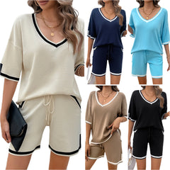 Women's Cozy Chic V-Neck Sweater Short Set Casual Loose Fit Lounge Outfit