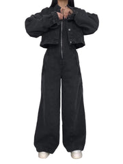 Women’s Denim Wide Leg Strapless Jumpsuit with Crop Jacket Set