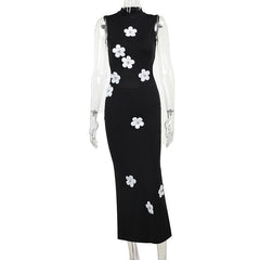 Black Maxi Dress for Women White Floral Print, Mock Neck Style
